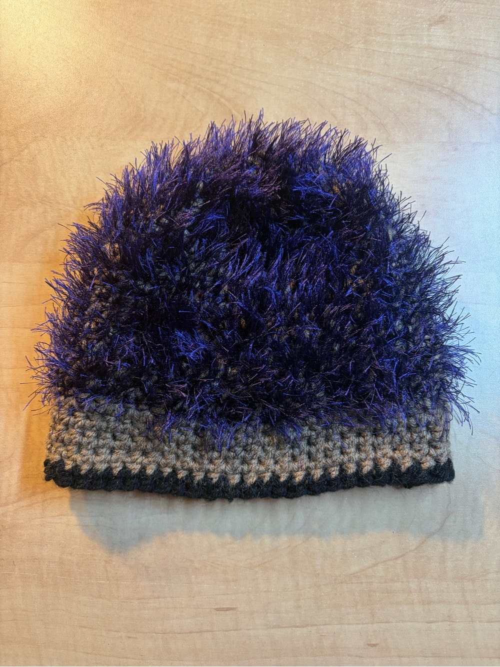 Handmade Fuzzy Crochet Beanie Hat Light Brown Tan Purple